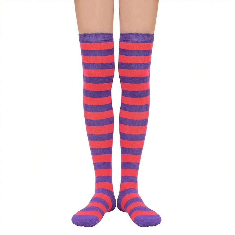 Zando Womens Thigh High Socks Striped High Knee Socks Knee High Socks For Cosplay Long Socks Over The Knee Leg Warmers,OneSize,HotPinkPurple - 亮粉紫色 - 查看 1