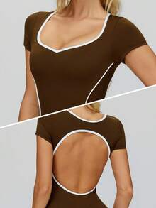 MASKERT High Stretch Women's Sports Jumpsuit, Fashionable Back, Tight Fitting Jumpsuit, Shaping Fitness Yoga Jumpsuit - Chocolate Brown - View 5