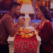 Valentine's Day Themed Red Heart Lace Table Runner, Featuring An Exquisite Hollowed-Out Heart Pattern. A Must-Have For Anniversary Parties, Weddings, And Romantic Celebrations. A Perfect Home Decor Item To Enhance The Ambiance Of Your Dining Table. Suitable For Birthday Parties, Baby Showers, And Holiday Decorations. - Multicolor - View 2