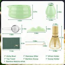 Matcha Tea Sets, Available In Various Styles, Include Tea Ceremony Accessories. Made Of High-Quality Porcelain And Natural Bamboo, These Sets Make Thoughtful Gifts For Tea Lovers, Perfect For Home, Office, Or Matcha Cafes. - 7件套裝-亮光綠色 - 查看 2