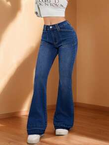 复古低腰修身喇叭牛仔裤，深蓝色，优雅的夏季度假风和日常休闲穿着弹力长款牛仔裤 - 中等水洗藍 - 查看 9