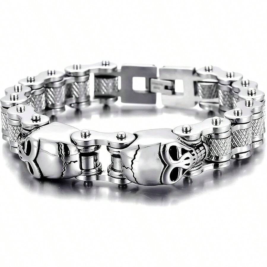 Gothic Stainless Steel Skull Charm Bicycle Motorcycle Chain Bracelet for MenPunk Fashion Vintage Bracelet - como en la foto - Ver 1