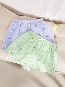 2 piezas Shorts con estampado de lazo a rayas - Verde + Azul, Shorts casuales de descanso para mujer para primavera/verano - Multicolor - Ver 4