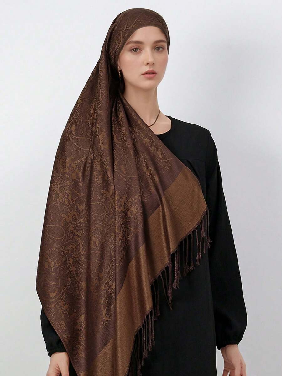 1pc Fashion Paisley Pattern Cashmere Shawl, Women's Cashmere Jacquard Scarf, Warm Knitted Blanket Shawl For Winter, Muslim Headscarf Dress - Brown - View 1