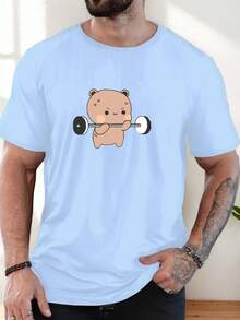 Camiseta Casual de Verano de Manga Corta con Diseño de Un Oso Masculino Levantando Pesas. - Negro - Ver 9