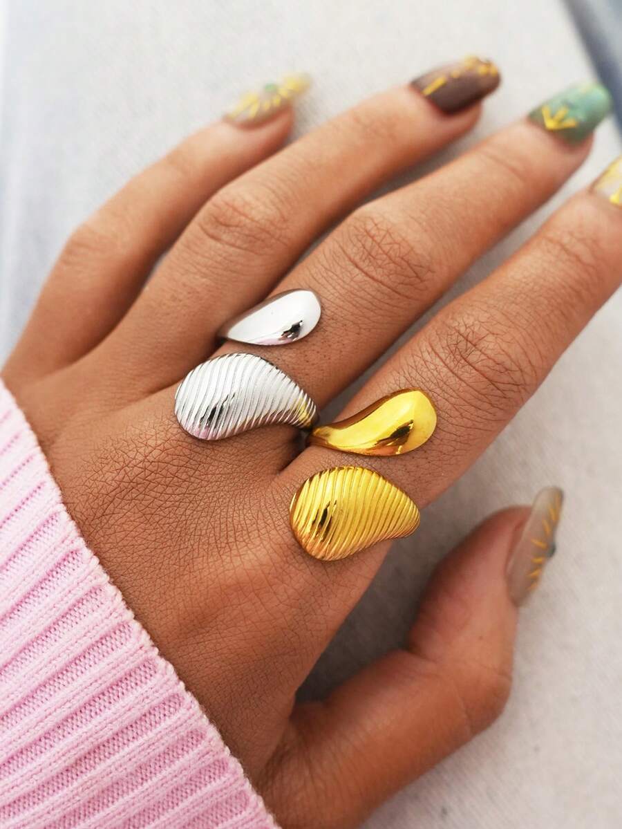 2pcs/1pc Minimalist Gold Stainless Steel Rings, Metallic Texture, Geometric Design Rings For Women, Suitable For Daily Wear - Multicolor - View 1