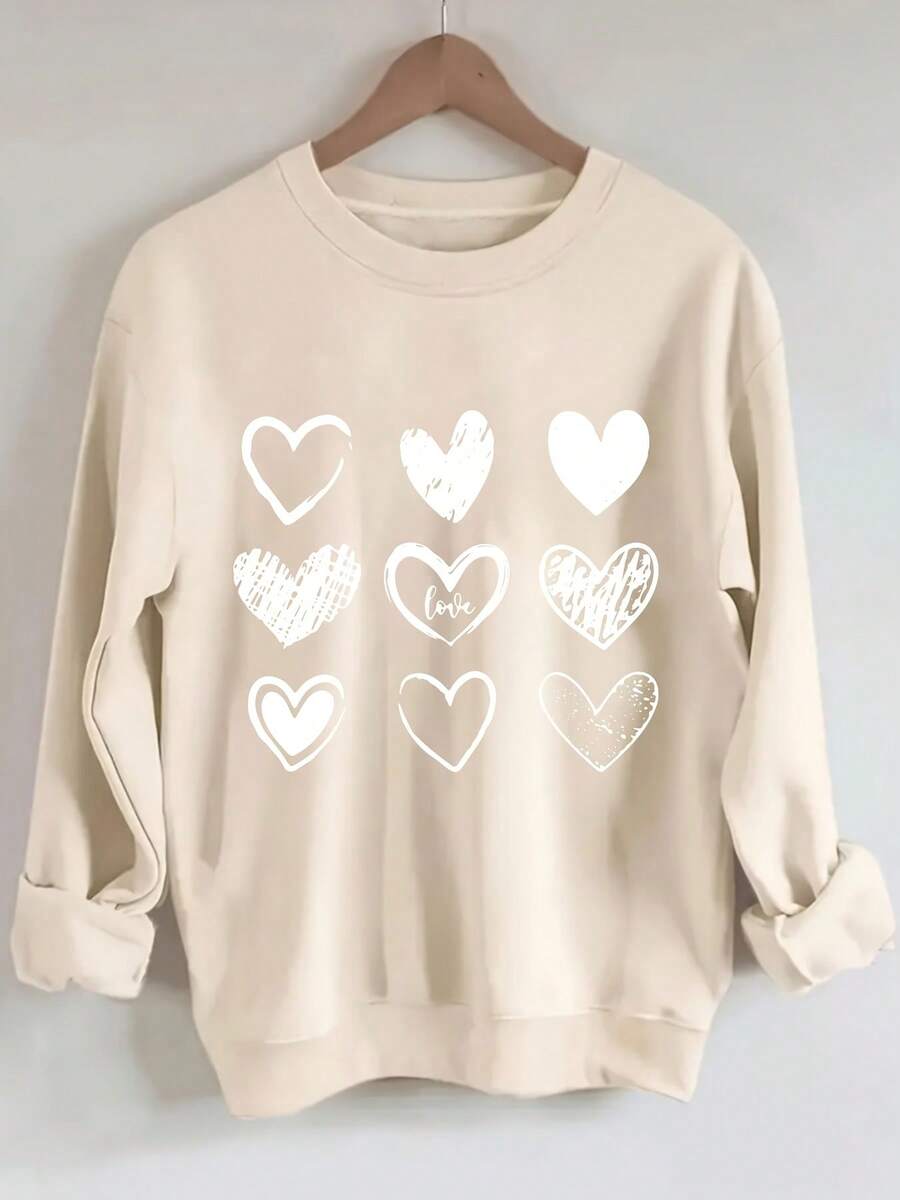 Women's Valentine's Day Heart Print Sweatshirt - Soft Stretchy Pullover Sweater, Cozy Casual Round Neck Long Sleeve Blouse, Light Beige-Friendly For F - 杏色 - 查看 1