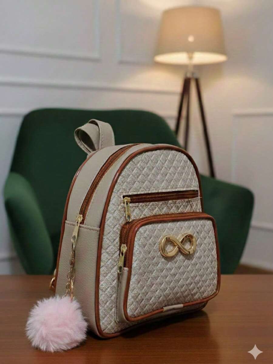 Women's Small Casual Backpack With Pockets + Pompom Keychain. Immediate Delivery. - Krem - View 1