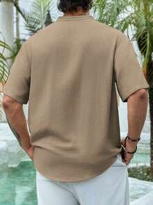 夏季男士短袖亨利衬衫，深 V 领亚麻透气纯色复古风格休闲多纽扣衬衫，适合度假、日常穿着