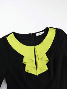 Plus Size Women Color Block A Line Dress With Ruffle Long Sleeve Modest Sunday Formal Event Dresses - màu đen - Xem 6