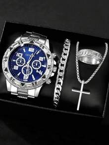 这款4件套男士时尚石英表套装，包括十字架吊坠项链、戒指和手链，是送给男士的最佳礼物，适合日常佩戴、婚礼和商务场合。