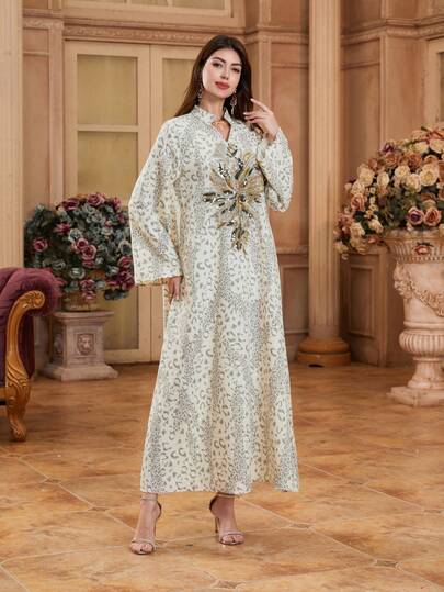 亮片珍珠花卉图案豹纹穆斯林派对连衣裙，V领长袖穆斯林女士长款连衣裙