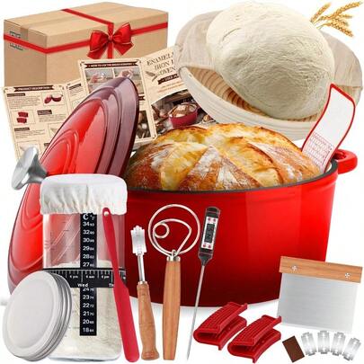 Dasijhdasd262a Enameled Cast Iron Dutch Oven Pot With Lid Incl. Sourdough Bread Baking Supplies Like Banneton Bread Proofing Basket Starter Jar Scoring Tool Lame 5QT Dutch Oven For Bread Baking Oven  Up To 500°F