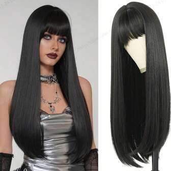 [Heat Resistant Synthetic Wig] Heat Resistant 26" Long Straight Synthetic Wig With Bangs - Natural Looking Soft Hair For Daily Wear, Cosplay, Halloween, Music Festivals, And Christmas Events - Women's Fashionable Black