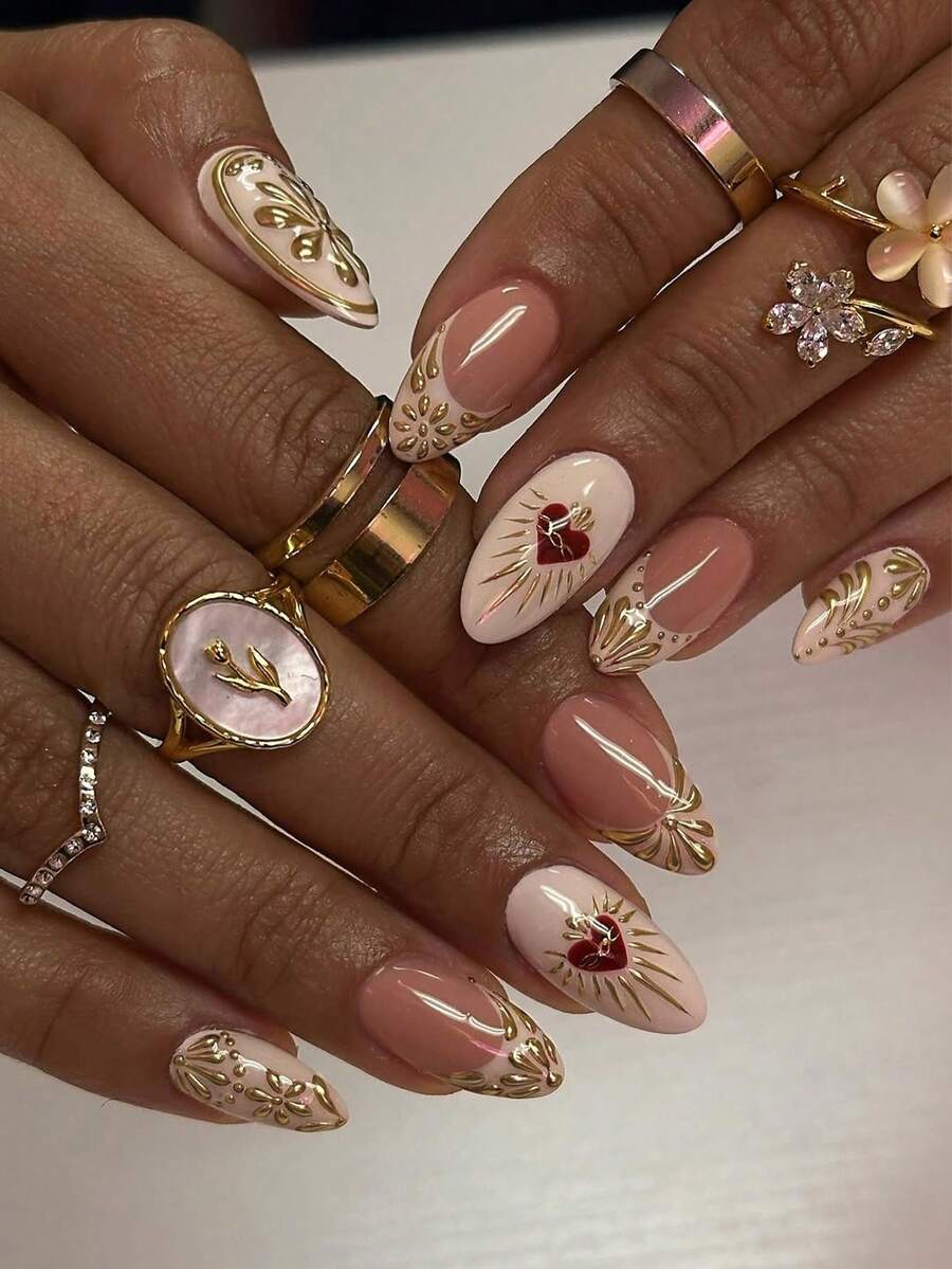 Bộ 24 miếng dán móng tay hình hạnh nhân 3D bằng gel vàng kiểu Pháp, họa tiết cánh hoa, hoa và trái tim, phong cách Valentine, dễ sử dụng, bao gồm 1 gel dẻo và 1 dũa móng, phù hợp cho phụ nữ và bé gái sử dụng hàng ngày và các bữa tiệc khác nhau. - Nhiều màu - Xem 1