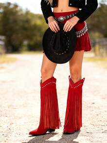 Cowgirl Womens Fringe Boots Fashionable Pointed Toe Chunky Heel Rivets Boots Punk Rivets Block Heel Boots Comfortable Western Tassel Cowboy Boots For Dress Party - Red - View 4
