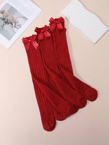 3 Paar Mädchen Rote Schleife Überknie Socken, Oberschenkel hohe Socken ohne Ferse, vielseitiger Lolita Stil geeignet für alle Altersgruppen - Rot - Übersicht 4