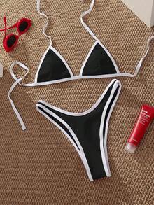 PEPPERMOLLY 全新纯色吊带性感比基尼，女士夏季沙滩时尚泳装套装 - 黑色 - 查看 2