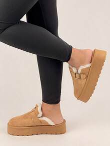 Women's Thick Sole Closed Toe Slippers With Retro Buckle, Warm Thermal Lined Mule Shoes For Winter - Camel - View 4