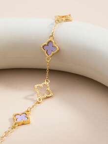 1pc Hollow 4-Leaf Clover Bracelet, Sweet & Cute Design, Suitable For Girls (No Gift Box) - Purple - View 3