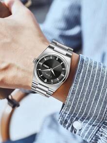 TOMI Men's Watch With Crown Brooch, Ring, Disassembly Tool, Minimalist Design, Round Dial With Diamonds, Zinc Alloy Strap, Quartz Movement, Gift Box, Suitable For Daily Life, Business Events, Father's Day, Valentine's Day, Christmas, - Silver - View 4