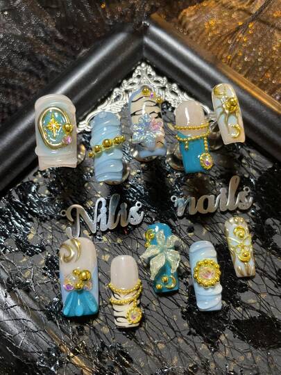10pcs Handmade Fully Covered Square Nails Acrylic Kit,Blue&Apricot Nail,Blue&Apricot French,Blue Tie Art,3D Stereo Rhinestone&Flower&Star Moon&Chain Bead Nail Art Accessories Decoration,Handmade Chrome Powder Sun And Moon& Zebra Stripes& Geometric Patterns,Very Suitable For Women And Girls To Attend Theme Ramadan Parties
