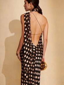 Women's Polks Dot Print Chiffon Maxi Dress Sleeveless Halter Turtle Neck Side High Slit Long Party Dress With Scarf Club Outfits - 黑色 - 查看 9