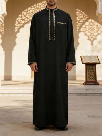 Bata larga para hombres con ribete de encaje, bata larga con mangas largas y bolsillos, ropa de Oriente Medio, adecuada como regalo para amigos y familiares