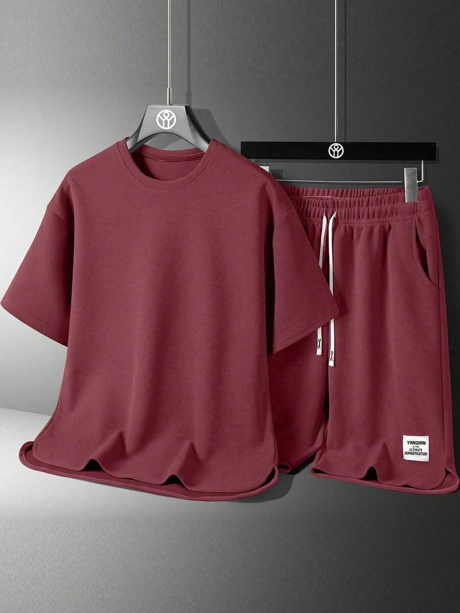 Teens' Summer Solid Color Round Neck Short Sleeve Casual T-Shirt And Letter Print Drawstring Waist Shorts Set - Red - View 1