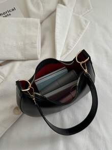 1个PU纯色新月形腋下包，复古时尚手提包，适合旅行、购物、约会，可作为送给女性的礼物，适合青少年、大学生和上班族女性，适用于办公室、学校、工作、商务、通勤、户外、旅行、郊游等场合。 - 黑色 - 查看 5