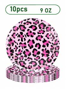 50 piezas Suministros para fiesta con estampado de leopardo Tema de guepardo Decoración de cumpleaños Vajilla desechable - Incluye platos de papel, servilletas, vasos de papel, Adecuado para fiesta de cumpleaños con tema de estampado de leopardo rosa para niñas - Multicolor - Ver 10