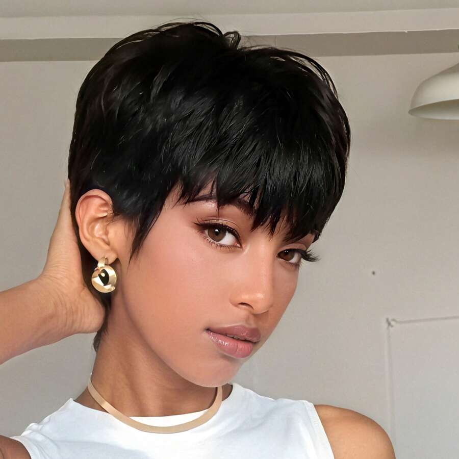 Short Wigs For Black Women Human Hair 1B Pixie Cut Wig For , Black Short Human Hair Wig For Daily Use 150% Density None Lace Frontal Full Machine Made Wig Glueless Pixie Wigs Brazilian Real Human Hair Layered Short Wigs With Bangs - Natural Black - View 1