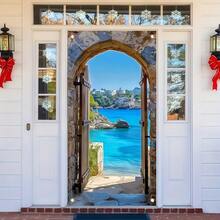 1pc Outdoor Sea View Background Cloth Banner With Stone Wall, Sea View, Reef Design, Suitable For Holiday Decoration, Party Decoration, Courtyard, Garden, Living Room Decoration, Live Broadcast Background, Wedding, Bridal Shower, Anniversary Decoration, Photo Booth Photo Props