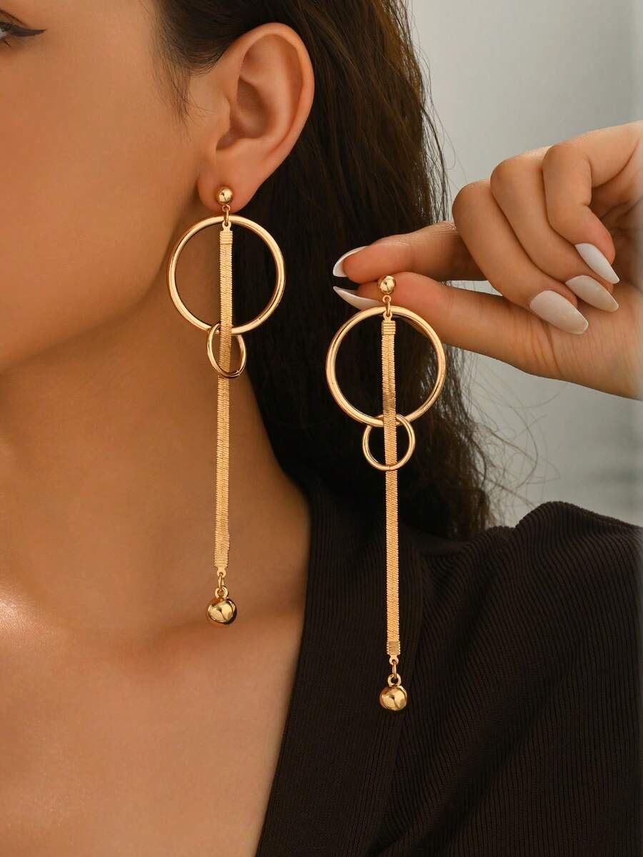 زوج من أقراط الموضة على الطراز الشرق أوسطي للنساء، أقراط هندسية أنيقة بسيطة مجوفة مزدوجة الحلقة، قلادة معلقة بشكل وكرة سلسلة، متعددة الاستخدامات للاستخدام اليومي والحفلات والعطلات - ذهبي أصفر - مشاهدة 1