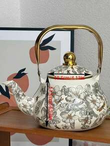 1 Set Enamel Kettle, Oriental Charm Enamel Pot,Checkered Lemon Pattern,Underglaze Blue Bird Pattern, Wonderful Items With High Aesthetic Appeal Gift, Suitable For The Kitchen, Living Room, Courtyard And Dining Table.