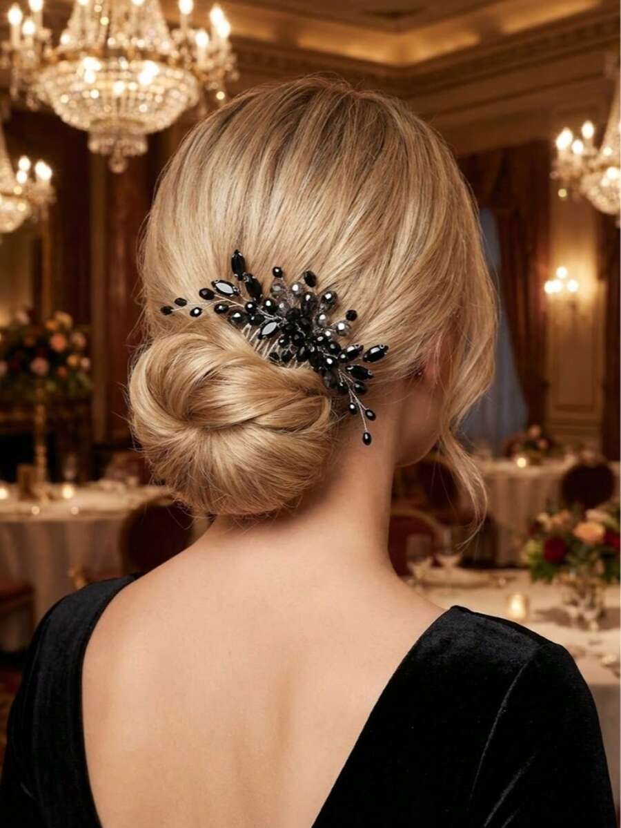 Elegant Black Crystal Hair Comb Vintage Handmade Beaded Hair Clip Wedding Bridal Hair Accessories For Women Party Banquet Prom