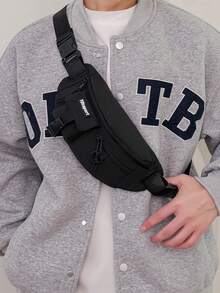 字母印花男士单肩腰包、时尚腰包、返校用品、带徽标印花、单肩包、休闲运动风格爸爸学院包休闲户外骑行包黑色包学生大容量多功能度假胸包臀包旅行必需品假日必需品男士包夏季返校腰带夏季包春假包腰带包