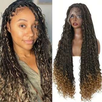 Parrucca intrecciata a scatola senza nodi con frontalino in pizzo, lunga 30 pollici, con riccioli boho alle estremità, disponibile in nero-marrone chiaro, nero-marrone scuro, nero (i prodotti multicolore sono intrecciati a mano). Parrucca intrecciata con baby hair per donne, parrucca frontale in pizzo sintetico per uso quotidiano