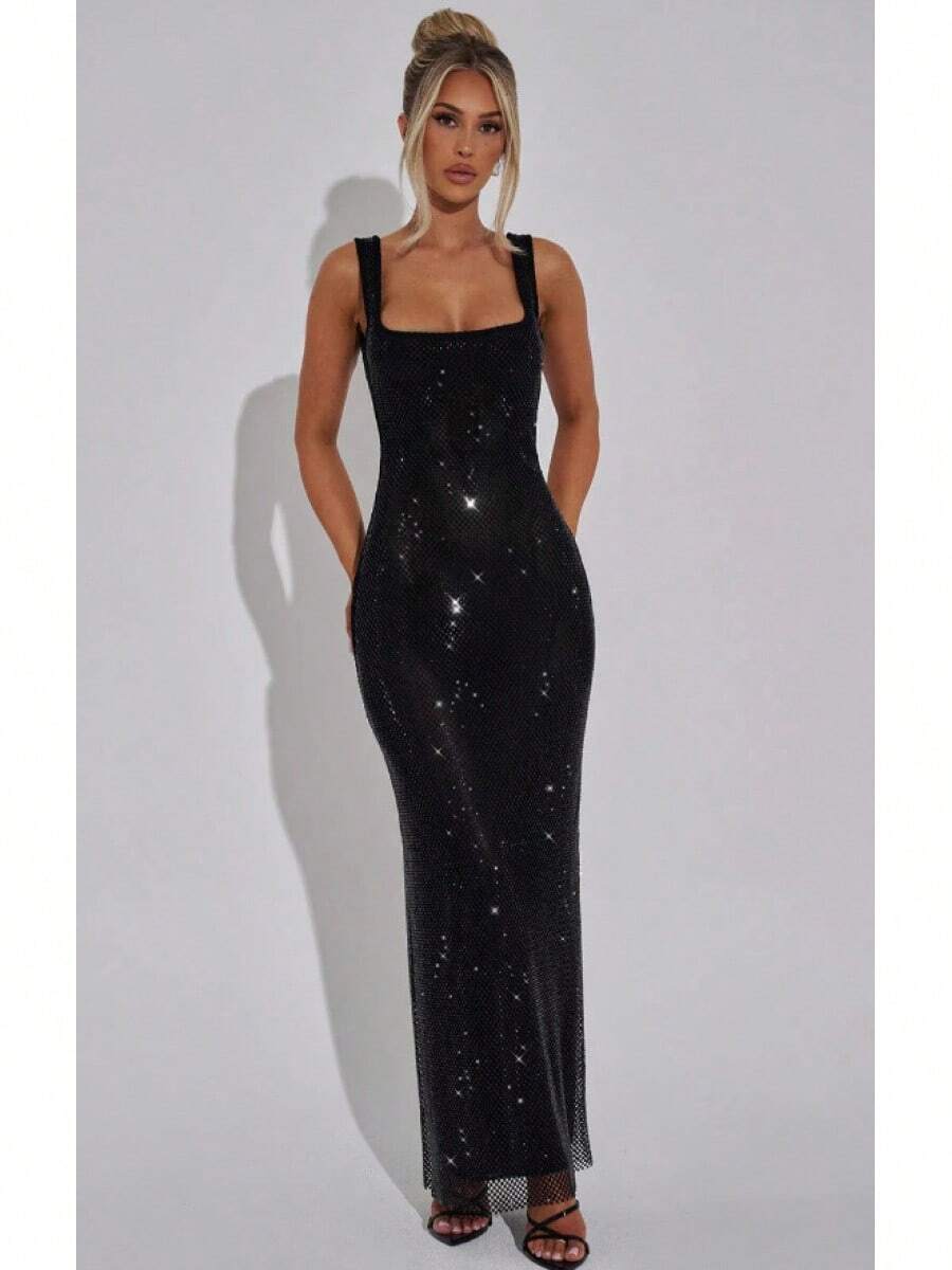 New Sexy Double Strap Sequin Mesh Dress Elegant Waist-Cinching Pullover Bodycon Evening Gown - 黑色 - 查看 1