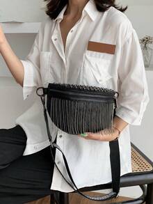 Fashionable Fringed Waist Bag, Spring New Crossbody Shoulder Bag, Korean Style Women Chest Bag - Black - View 3
