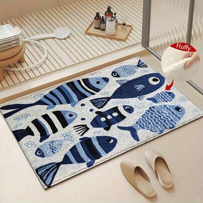 1 pieza Alfombra de baño de microfibra con diseño de un solo pez de rayas azules, antideslizante y súper suave, alfombra de piso de baño, felpudo, alfombra absorbente de agua para baño, lavable a máquina, de bajo espesor, con respaldo de TPR, tejido de punto, para baño, dormitorio, cocina, entrada, uso interior y exterior, accesorios y decoración de baño, regalo perfecto para un nuevo hogar.