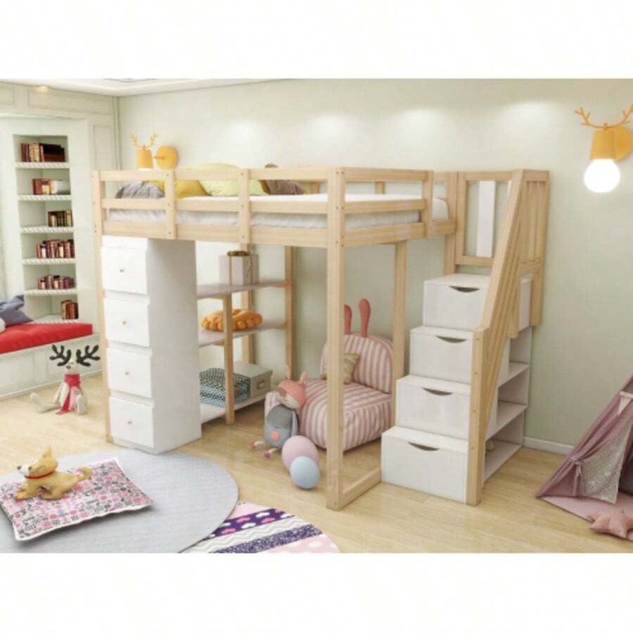 Lit mezzanine 140 x 200 cm avec tiroir de rangement, commode avec étagères, échelle de avec tiroirs de rangement, lit multifonctionnel en bois massif, couleur bois. Ancienne référence : LDB00278AAN - Naturel + Blanc + Bois + 140 cm x 200 cm - Voir 1