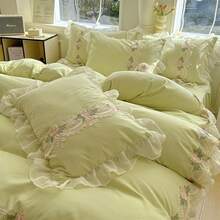 Chic Flowers Lace Bedding Set,3 Piece French Princess Style Comforter Duvet Cover Set(1 Queen Duvet Cover 90x90 Inch, 2 Pillowcases) Aesthetic Bedding For Romantic French Wedding - 青檸色 - 查看 4