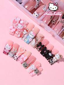 Sanrio Hello Kitty 240片裝（10款混色）中號正方形豹紋法式穿戴甲，附可愛3D Hello Kitty與Kuromi、蝴蝶結、愛心與珍珠設計，完美貼合壓克力假指甲套組，含1片果凍膠與1個指甲锉 - 彩色 - 查看 3