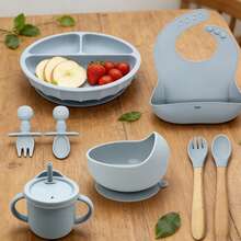 8pcs/6pcs/5pcs Baby Feeding Utensil Set, Silicone Tableware, Bib, Plate, Bowl, Fork & Spoon, Straw Cup - Multicolor - View 2