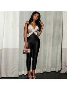Women's Clothing, Sexy Hottie Contrast Crossback High Waist Jumpsuit - đen-1 - Xem 3