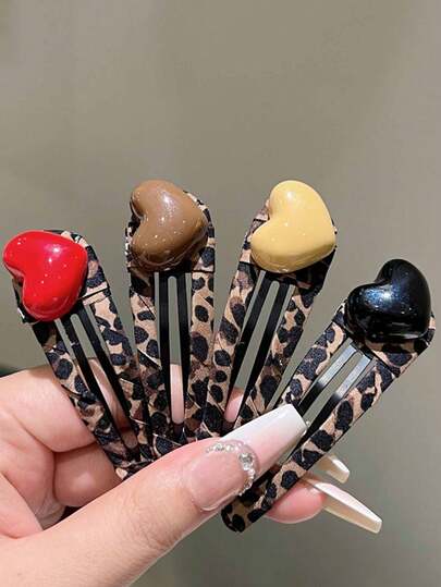 4pcs Leopard Print, Cartoon Heart Design Hair Clips, Side Bangs Clips