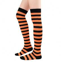 Zando Womens Thigh High Socks Striped High Knee Socks Knee High Socks For Cosplay Long Socks Over The Knee Leg Warmers,OneSize,ABlack&OrangeStripes - 黑橙條紋 - 查看 4