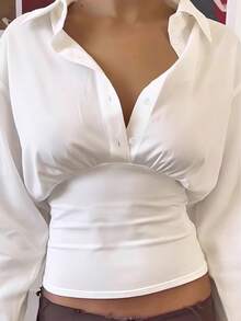 女士优雅休闲通勤衬衫，长袖翻领，收腰修身版型，纯色梭织面料，前襟纽扣开合，适合日常办公休闲穿着，春夏白色 - 白色 - 查看 3
