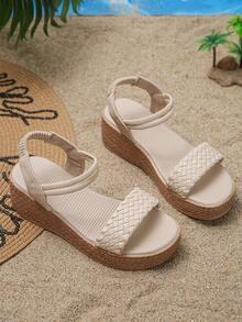 1双女童夏季凉鞋，尺码偏小，时尚编织简约舒适轻便坡跟凉鞋，适合度假和日常穿着 - 香檳色 - 查看 2